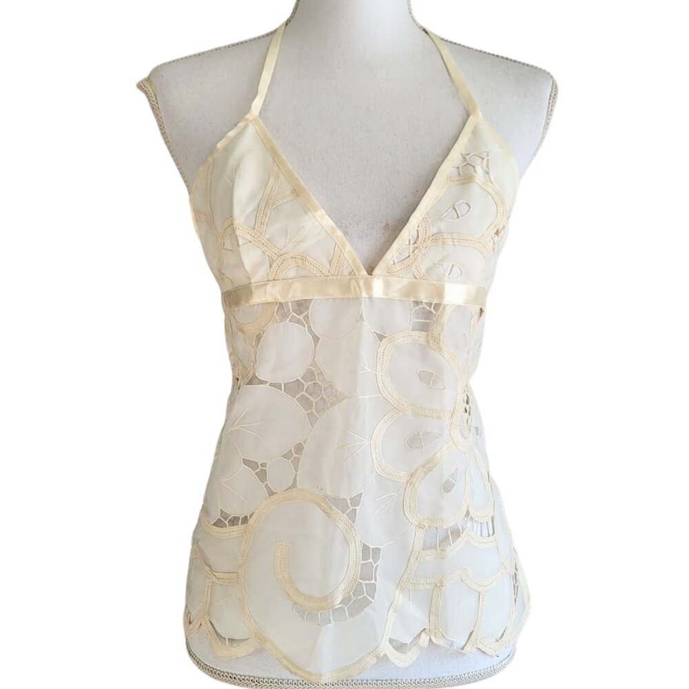NATALIE D Cream Sheer Floral Cotton Nylon See-Through Halter Top - Women's XS